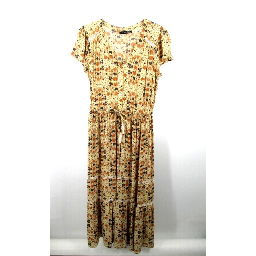 BLACK TAPE Maxi Prairie Dress Women Med Beige Floral Crochet Trim Cottage Core